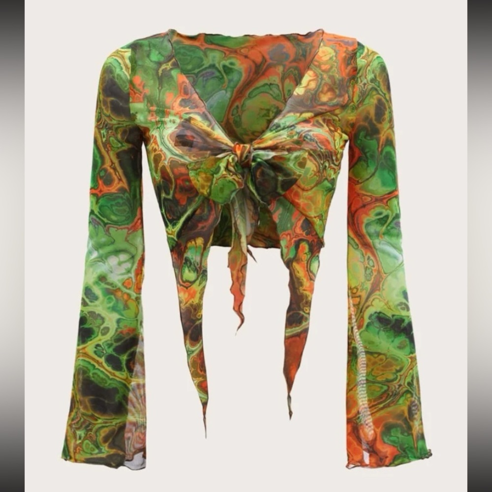 Split Sleeve Tie Front Hem Graphic Mesh Top